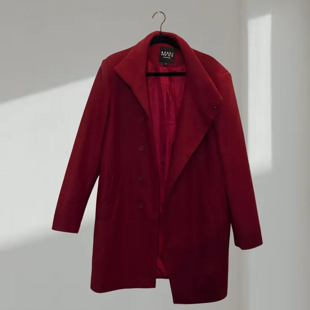 BoohooMAN Men’s Coat – Wine Red Wool-Blend Look, Size S